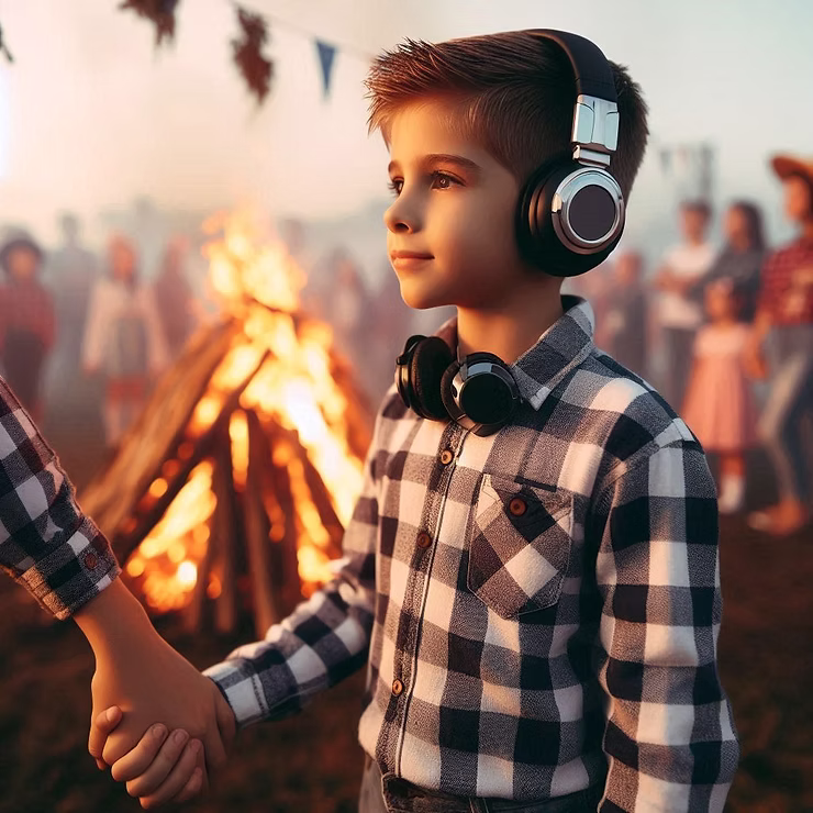 Criança de fone em uma festa junina