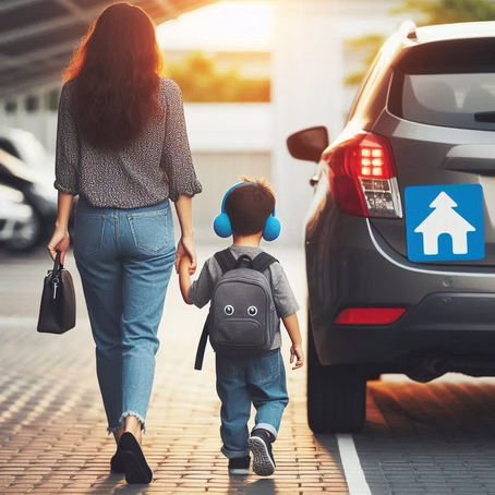 Mãe e filho de mãos dadas indo até um carro