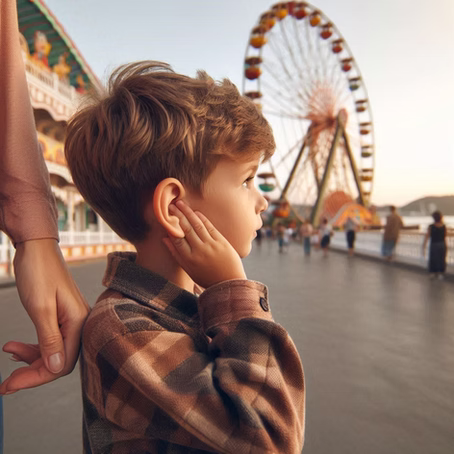 Criança com mão no ouvido incomodada com o barulho da roda gigante