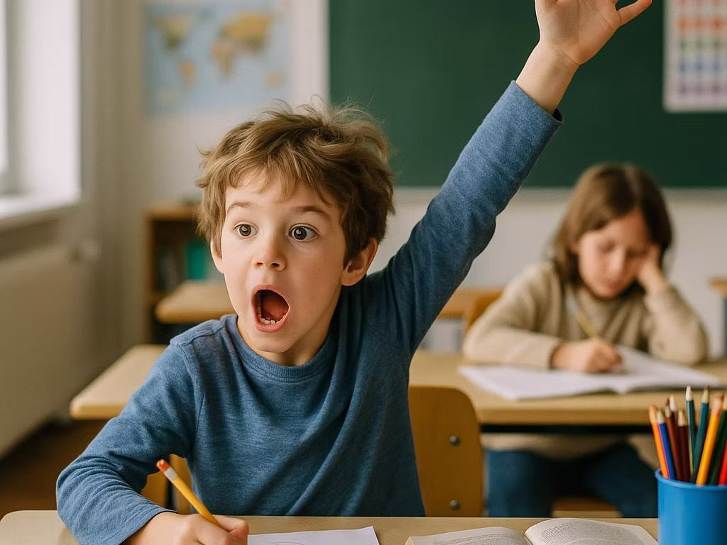 Criança na escola, chamando o professor