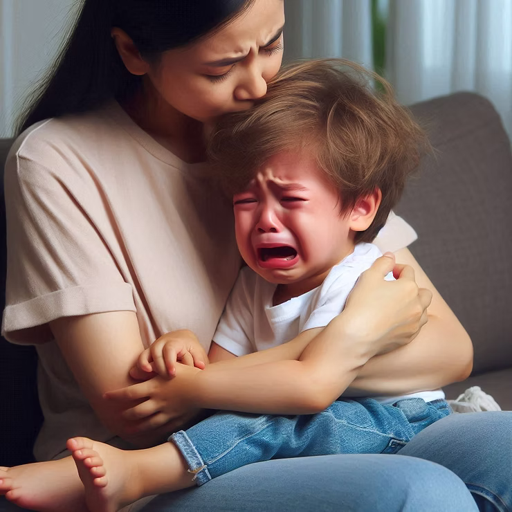 Criança chorando no colo da mãe