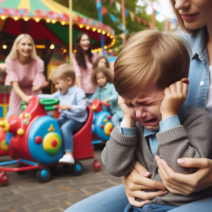 Criança chorando muito no colo da sua mãe em um parque de diversões, com as mãos na orelha